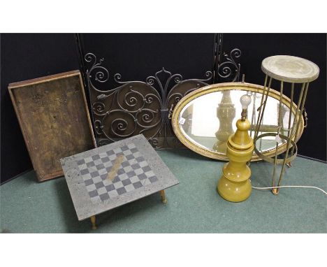 Mixed lot to include a wrought iron fire guard 102 x 79 cms, metal jardiniere stand, oval mirror, large table lamp,  butler t