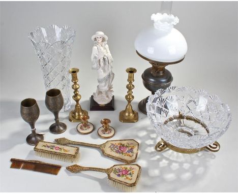 Mixed lot to include two brass candlesticks, an oil lamp, a tall glass vase, a bowl on stand, and a female figure etc. (qty)