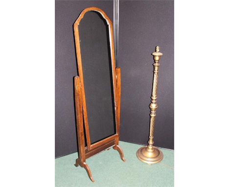 Gilt wood standard lamp, together with a cheval mirror, (2)