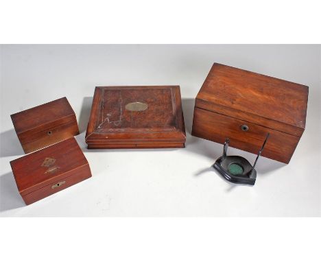 Victorian mahogany box, together with a rosewood tea caddy, a stand a money box and a walnut cutlery box, (5)