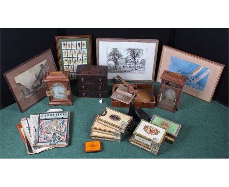 Miniature chest of drawers, collection of cigar boxes, various prints inj frames, vintage newspapers, canvas mounted Scarboro