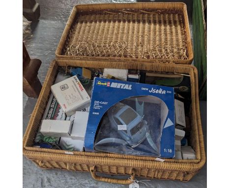 Picnic wicker hamper revealing assorted diecast model vehicles, some play worn, to include: Revell BMW J Setta 250, Tonka, Ed