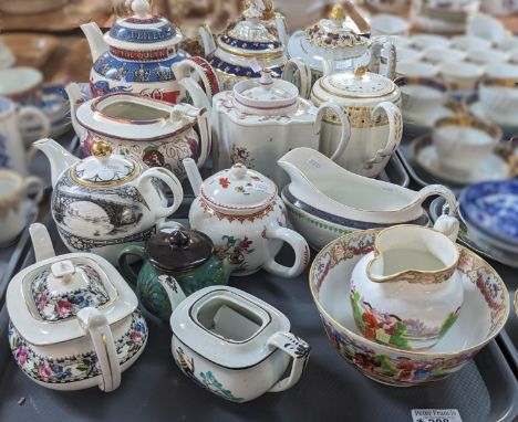 Two trays of 18th, 19th century and later teapots, jug, bowl, sauce boat etc. to include: Newhall, Swansea Glamorgan Pink Lus