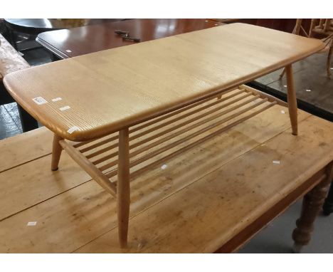 Ercol style pale beech and elm coffee table. Overall 105x45x37cm approx.  (B.P. 21% + VAT)