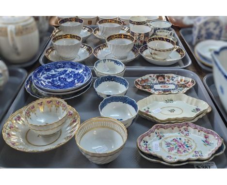 Two trays of assorted tea bowls and saucers, many 18th century Worcester: two Worcester teacups, assorted other 18th century 