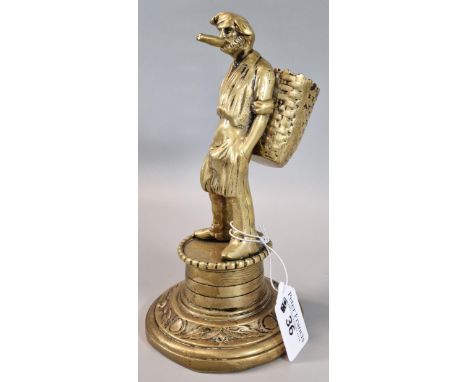 Brass figural table/bar top cigar lighter with basket for matches, and circular recessed base. Originally gas operated. 20cm 