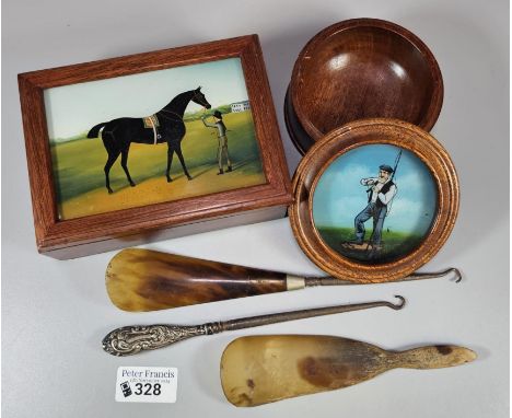 Collection of vintage treen to include: trinket boxes with reserved painted glass panels depicting a horse and his trainer an