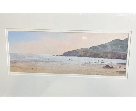 Gareth Thomas (Welsh 20th century), 'Langland Bay, evening Light', signed. Watercolours. 14.5x37cm approx. Framed and glazed.