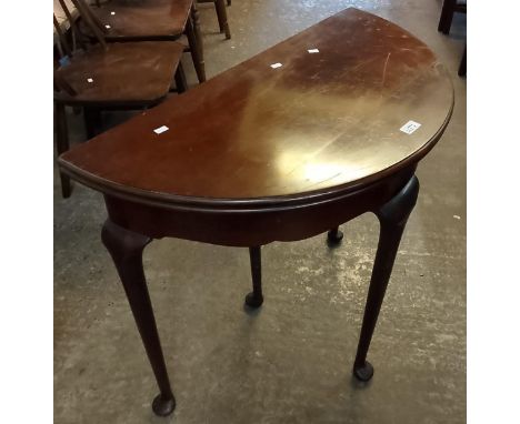 18th century style mahogany demilune fold over card table on cabriole legs with pad feet. 82x42x76cm approx. (B.P. 21% + VAT)