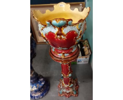 Art Nouveau Majolica ruby and turquoise ground jardinière on stand. 130cm high approx.  (B.P. 21% + VAT) Poor condition overa