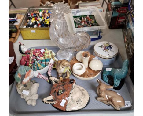 Tray of ceramics and glass to include: ceramic fox mask head, Poole Sea lion, birds, glass cockerel etc. (B.P. 21% + VAT)