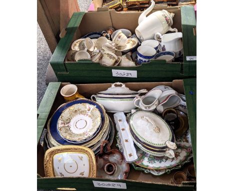 Two boxes of china to include: floral teaware, blue and white part teaware, tureens, chamber stick etc. (2) (B.P. 21% + VAT)