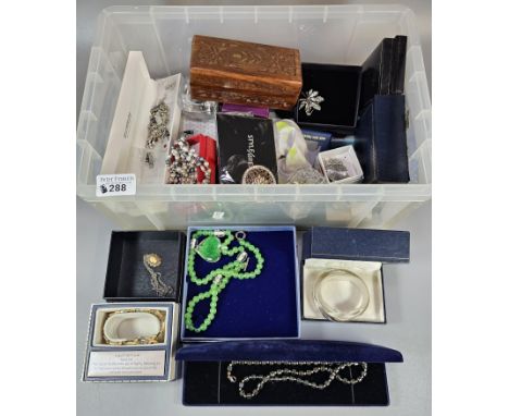 Plastic box of jewellery to include: necklaces, earrings pendants 'Good Friends' bangle, Equilibrium sparkle bangle, carved w