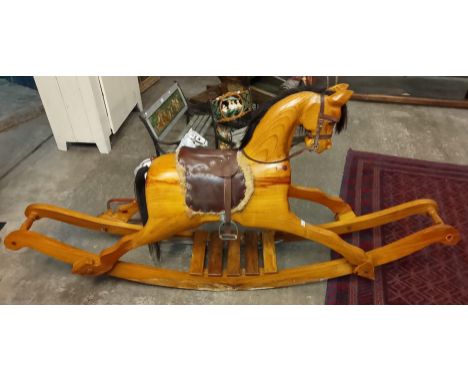 20th century natural pine carousel type large rocking horse with natural mane and tail, leather saddle and bridle. (B.P. 21% 