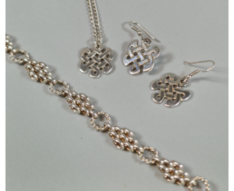 Silver Celtic design pendant with chain and pair of matching Celtic design earrings, together with another silver bracelet. 0