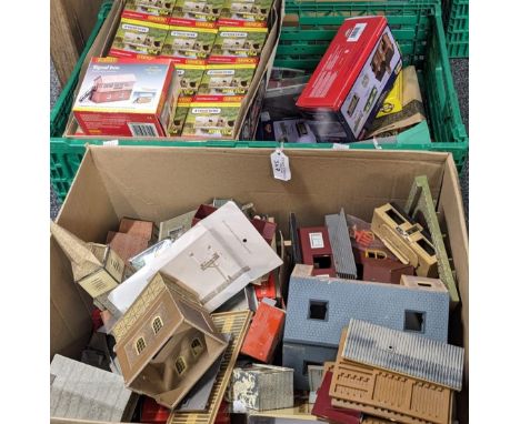 Two boxes of Hornby, Bachmann Branch-Line and other rolling stock, to include: signal box, collection of pill boxes marked Sk