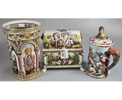 Collection of Capodimonte porcelain items to include: jewellery casket, lidded tankard and jardinière with tin liner. (3) (B.