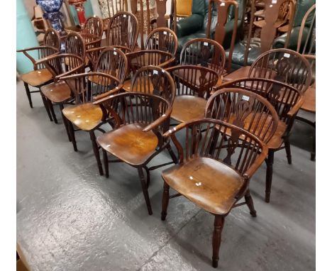 Good set of ten (9+1) 19th century yew and elm splat and stick backed Windsor elbow chairs with moulded seats on baluster tur