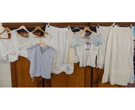 Collection of vintage clothing to include: matching camisole and petticoat with floral embroidery, together with five other c