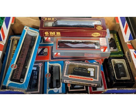Box of assorted model OO gauge locomotives and rolling stock in original boxes to include: Air Fix, Lima, Dapol, Graham Faris