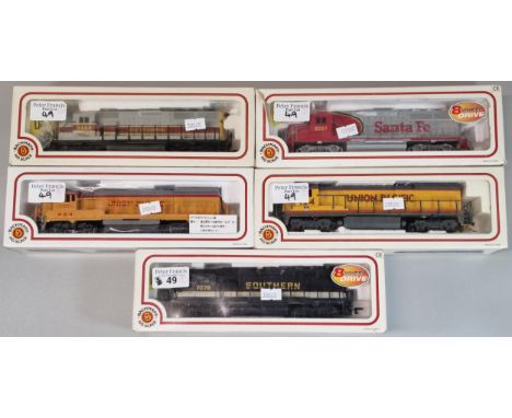 Five Bachmann HO scale electric trains to include: diesel locomotive Southern, Union Pacific, Santa Fe etc. All in original b