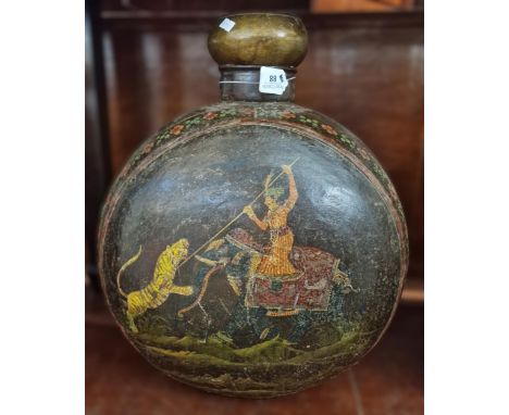Large Indian tin flask/moon shaped vase, hand painted with flowers, foliage and hunting scene of a figure on an Elephant with