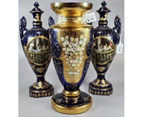 Pair of continental porcelain two handled blue ground urn shaped vases and covers depicting panels of women in pensive pose. 
