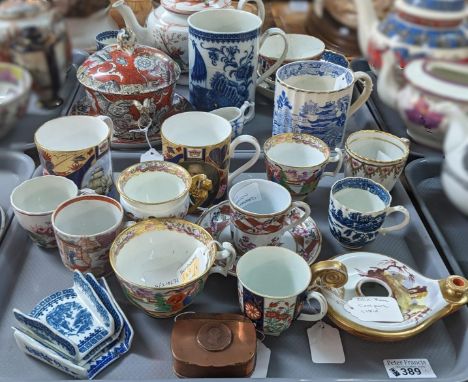 Two trays of assorted 19th century and later china to include: two Swansea cups, Swansea chocolate cup, Newhall fluted teacup