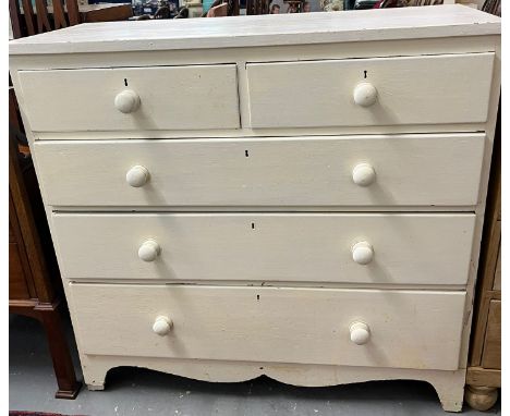 19th century painted pine straight fronted chest of two short and three long graduated drawers on bracket feet. 120x51x110cm 