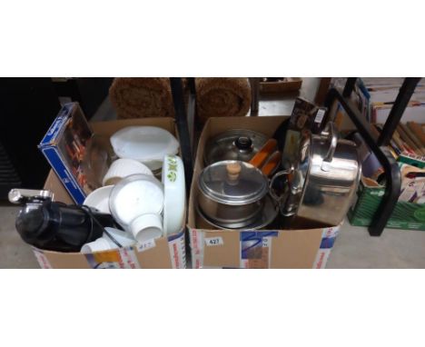 2 boxes of kitchenalia including scales, saucepans etc COLLECT ONLY