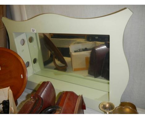 A recessed green painted wood framed bathroom mirror with holes for light fitting, 60 x 90 cm x 15 cm deep.