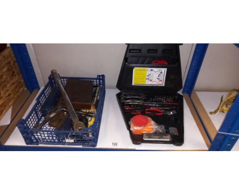 A cased auto tool kit, alarms, charger and a good lot of Auto workshop tools including torque wrench COLLECT ONLY