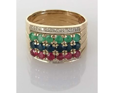 A composition ruby, sapphire and emerald stacking ring with diamond decoration on a yellow gold setting, stamped 585, size N,