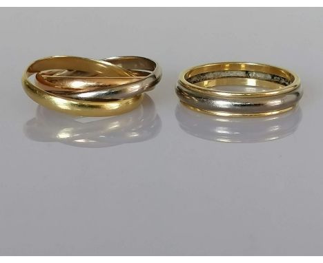 A tri-gold Russian-style wedding ring, with three interlocking bands in rose, white and yellow gold, each 2mm, stamped 750, 5