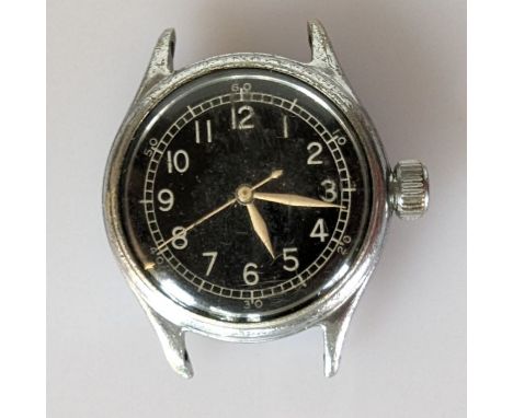 A Bulova Type A-11 stainless steel RAF air ministry wristwatch with manual wind movement, the black dial with white Arabic nu