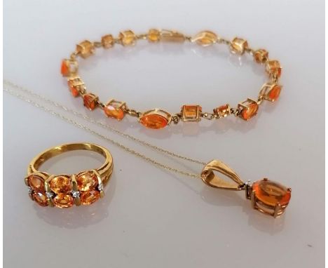 An orange cubic zirconia tennis or line bracelet, 18cm, with matching ring, size O, and pendant chain, hallmarked 9ct, 11.3g