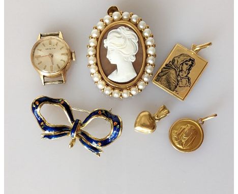 A blue enamel ribbon brooch on a gold setting, 38mm; three yellow gold pendants, 11.8g; an oval cameo brooch, 35 x 30mm, with