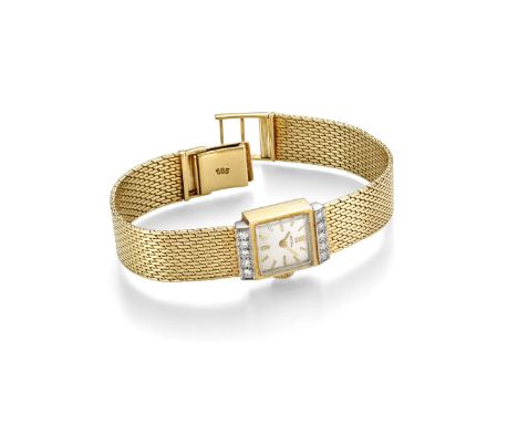 Bergana Vintage Schmuckuhr mit Diamanten  Deutsch um 1960. GG 14 Kt. Quadratisches Gehäuse, Bandanstöße besetzt mit je fünf D