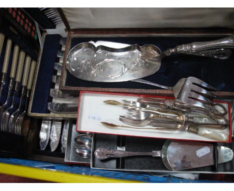 A Set of Four COHR Danish Atla Candle Holders, a hallmarked silver preserve spoon and a butter knife, a hip flask, enamel bad