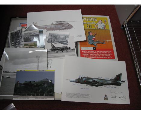 Photographs of RAF Wittering, planes, etc; press examples noted, 1979 Harrier print signed by staff, RAF poster glossary of t