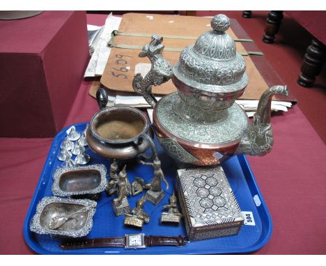 Thai Brass Figures, large copper Thai teapot, pair of plated inlaid trinket box etc:- One Tray