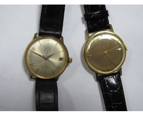 Cyma; A Vintage Gent's Wristwatch, the signed dial with line markers and centre seconds, a later strap; together with a Briti
