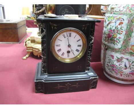 A Black Slate Mantel Clock, of architectural form, marble highlights on plinth base, white enamel dial, Roman numerals.