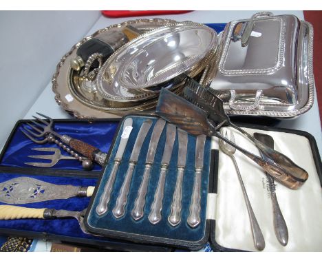 Plated Entree Dishes, salver, hip flask, hallmarked silver mounted comb (damages), shoe horn (damaged), decorative fish serve