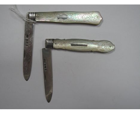 A Hallmarked Silver and Mother of Pearl Folding Fruit Knife, HA, Sheffield 1880, the decorative scales with inset detail; tog