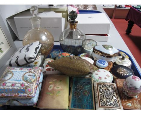 A Collection of China, Hardstone, Metal Trinket Boxes, pill boxes, two glass globular scent bottles etc:- One Tray