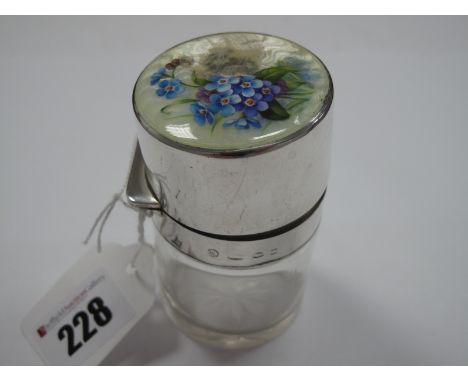 A Hallmarked Silver and Enamel Topped Glass Jar, the hinged lid detailed with blue and mauve floral spray (enamel damage), 8.