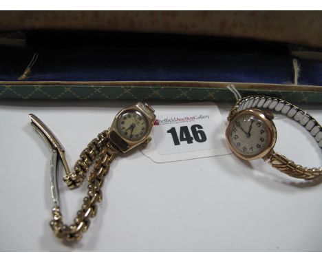 Rone; A Vintage 9ct Gold Cased Ladies Wristwatch, on integral brick link bracelet; together with another 9ct gold cased ladie