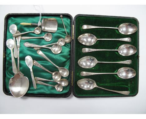 A Set of Six Chester Hallmarked Silver Teaspoons, in a fitted case; together with assorted hallmarked silver salt spoons, a c