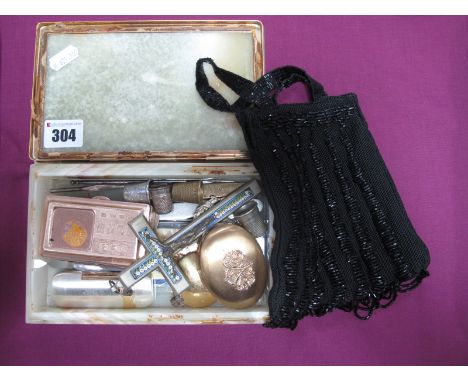 A Crucifix with Micromosaic Detail, thimbles, beaded evening bag, travel razor, tweezers etc, contained in a green onyx trink